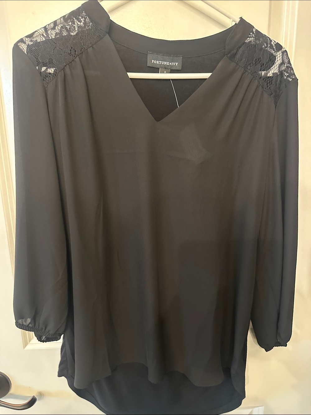 Fortune+Ivy Black Lace-Shoulder V-Neck Blouse